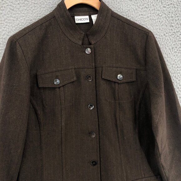 Chicos Blazer Womens 0 US Small Brown Glitter Mandarin Collar French Pocket Work - Picture 2 of 10